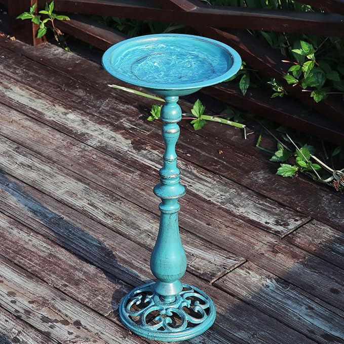 26.6”H×12.3" W Cast Iron Pedestal Bird Bath,Metal Birdbaths Bird Feeder Seed Tray for Garden Yard Decor -Blue.