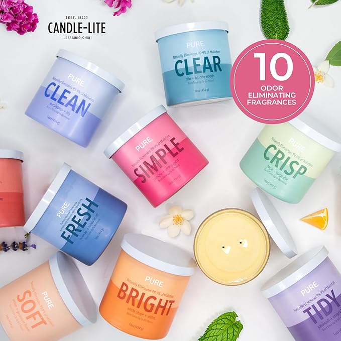 Candle-Lite Pure Jasmine & Amberwood Odor Eliminating Scented Candles, Neofresh Technology Eliminates 99.9% of Odors, 16 oz 2-Wick Jar, Proudly Poured in The USA, Up to 60 Hours Burn Time