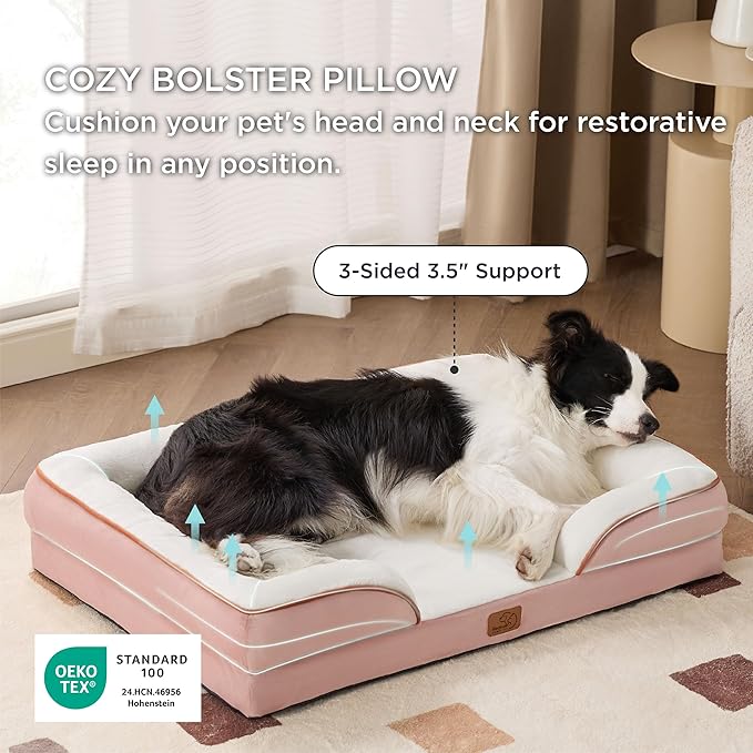 Bedsure L Plus Orthopedic Dog Bed for Large Dogs - Washable Dog Cat Bed Waterproof, L Plus Big Comfort Dogs Couch Sofa with Washable Removable Cover, Pet Bed with Nonskid Bottom, Pink, 38"