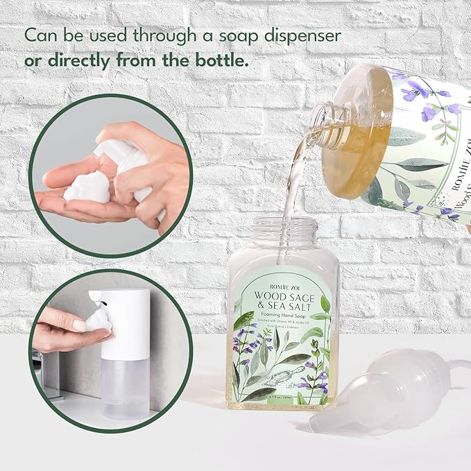 ROMIIE ZOI Foaming Hand Soap Refill Gift Set – Wood Sage & Sea Salt Scent – 3 Pack (1000ML Each) with Dispenser, Gentle & Moisturizing Plant-Based Formula – Bulk Refill Bottles for Bathroom & Kitchen