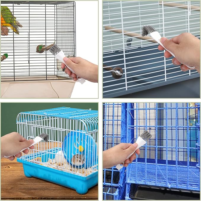 3pcs Bird Cage Cleaner Set, Bird Cage Long Handle Shovel Cleaner with Scraper Droppings Brush Tool for Small Animal Parakeet Parrot Hamster Pet Cages Cleaning Accessories