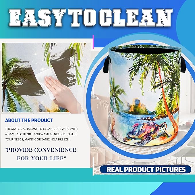 Hawaiian Beach Sea Turtle Laundry Basket Oxford Cloth Laundry Hamper With Handle Foldable Portable Clothes Storage Basket 18.9 X 16.5 In Storage Bag For Laundry Room/Bathroom/Bedroom/Dormitories