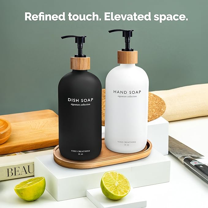 Vine Creations Glass Soap Dispenser Set, Hand Soap and Dish Soap Dispenser Set with Bamboo Tray, 16 oz Glass Dispensers Bottle for Kitchen and Bathroom Decor Modern Boho with Bamboo Pump (Black/White)