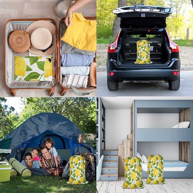 Swono Watercolor Lemons Laundry Bag with Strap Machine Washable Large Dirty Clothes Organizer Green Leaves Botanical Easy Fit Laundry Hamper or Basket, Carry Up to 4 Loads of Laundry, Yellow