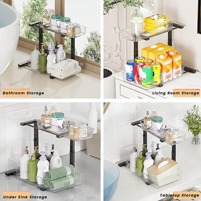 2 Pack Under Sink Organizer, 2 Tier Pull Out Storage Organizer, Slide Out Storage Shelf for Bathroom & Kitchen, Under Cabinet Organizer and Storage with 5 Gears Height Adjustable (Black)