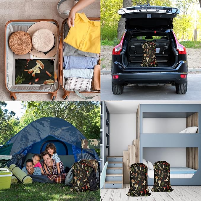 Swono Mushrooms Laundry Bag Drawstring Closure Fall Jungle Theme Floral Cherry Exotic Botanical Plant Heavy Duty Laundry Portable for College Dorm Room Essentials for Travel Camp