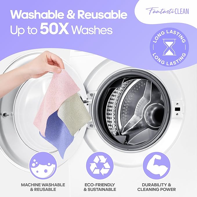Fantasticlean Microfiber Cleaning Cloth Roll -60 Pack, Tear Away Paperless Towels, 8" x 8", Reusable Washable Rags, for Home Kitchen, Pet, Office, Indoor Outdoor, Compact and Portable (Light-Purple)
