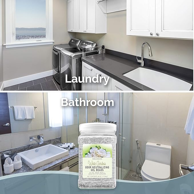 SMELLS BEGONE 48 oz Odor Eliminator Gel Bead Refill - Eliminates Odors from Bathrooms, Cars, Boats, RVs and Pet Areas - Air Freshener - Made with Essential Oils - White Gardenia Scent