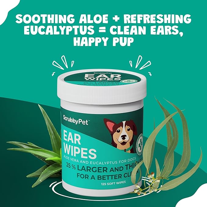 Dog Ear Wipes for Dogs | Extra Thick with Aloe Vera & Eucalyptus | 125 Count | Hypoallergenic Ear Cleaner for Dogs with Pearl Texture for Deeper Clean | Scrubby Pet