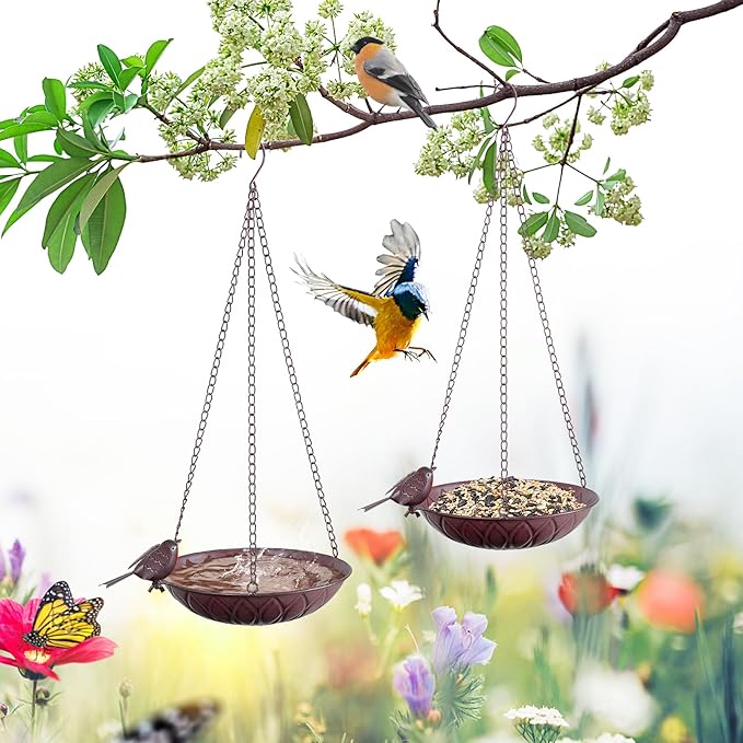 2 Pack Hanging Bird Bath for Outdoors, Metal Birds Feeder & Water Bowl with Chains and S-Hooks, Garden Birdbath Tray for Patio Porch, Tree Branch, Backyard Yard Decor (Rustic Brown)