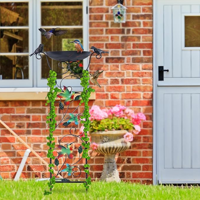 hogardeck 35” Metal Bird Bath with Garden Trellis for Climbing Plants Outdoor, Vintage Detachable Decorative Birdbath Bowl, Metal Plant Support for Climbing Flowers