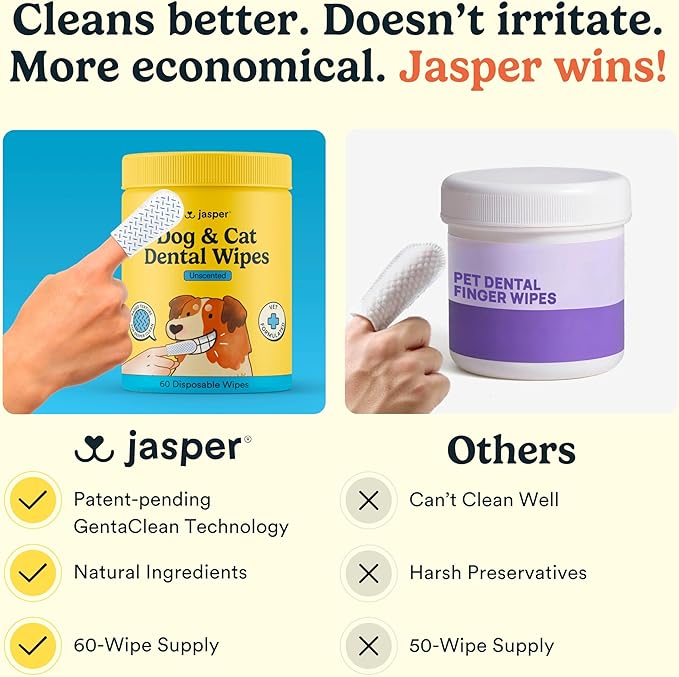 Jasper Dog Dental Wipes, Vet-Recommended All-Natural Finger Toothbrush Wipes for Dogs, Fresh Breath & Tartar Control in Seconds – No Brush and Toothpaste Needed, Coconut, 60 Count