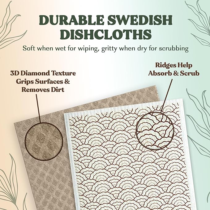 FEBU Swedish Dishcloths for Kitchen | 5 Pack Neutral Reusable Paper Towels Washable | Swedish Dish Towels | Non-Scratch Cellulose Sponge Cloths | No Odor, Biodegradable Cleaning Cloths
