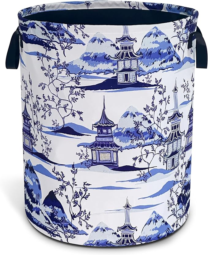 Blue White Porcelain Chinoiserie Laundry Basket Oxford Cloth Laundry Hamper With Handle Foldable Portable Clothes Storage Basket 18.9 X 16.5 In Storage Bag For Laundry Room/Bathroom/Bedroom/Dormitory