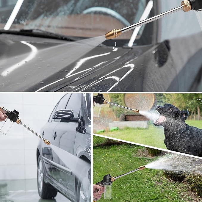 High Pressure Garden Hose Nozzle Sprayer with 3.5oz Plastic Soap Dispenser Bottle, Heavy Duty Car Wash Foam Gun, Adjustable Nozzle for Gardening, Solar Panel Cleaning, Pet Showering (Silver)