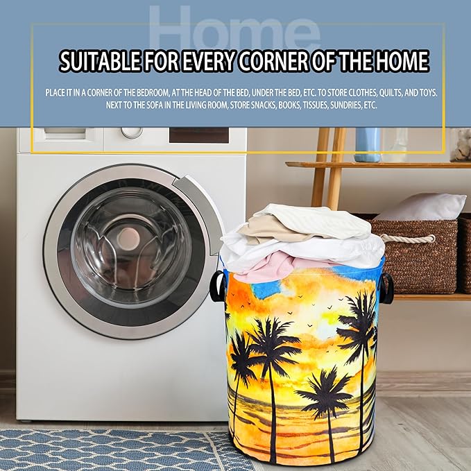Hawaiian Beach Palm Trees Laundry Basket Sunset Foldable Oxford Cloth Funny Tote Bag Laundry Hamper Clothes Storage Bucket Toy Organizer For Bathroom/Laundry Storage/Bedroom 18.9x16.5 Inch