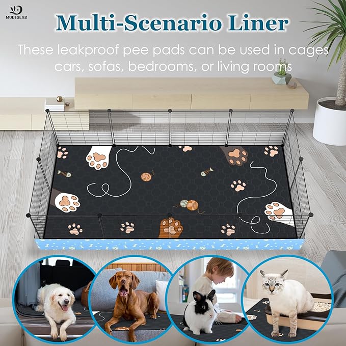 2-Pack Guinea Pig Cage Liner Washable, 24in x 47in Ultra-Absorbent Guinea Pig Bedding for Cage Non-Slip Leak-Proof Pee Pads for Dogs Rabbit Bunny Cat Litter Mat, Black