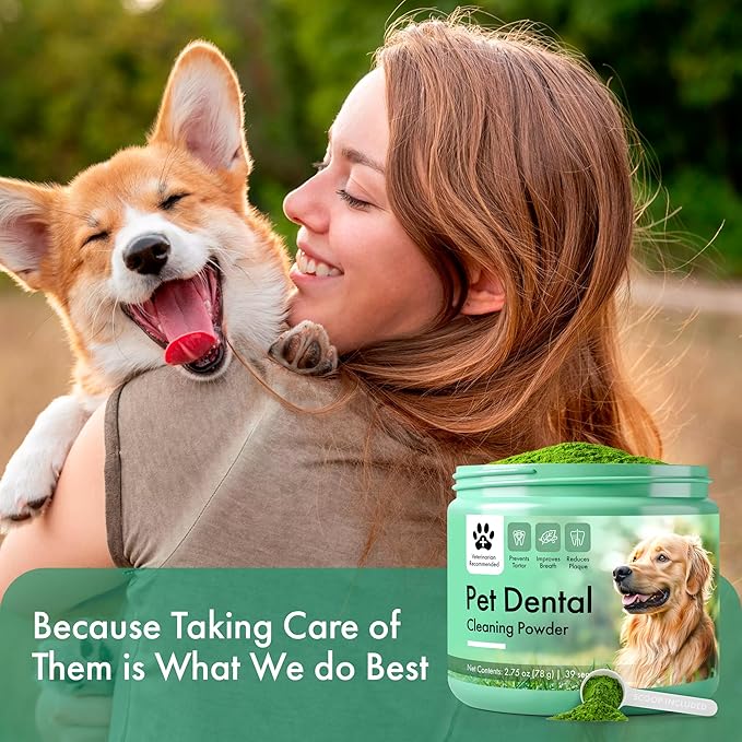 Dog Dental Powder – Dog Breath Freshener – Plaque Off and Tartar Remover for Dogs, Bad Breath Treatment, Natural Tooth Cleaning Powder for Dogs of All Breeds and Sizes – Oral Care Supplement for Pets