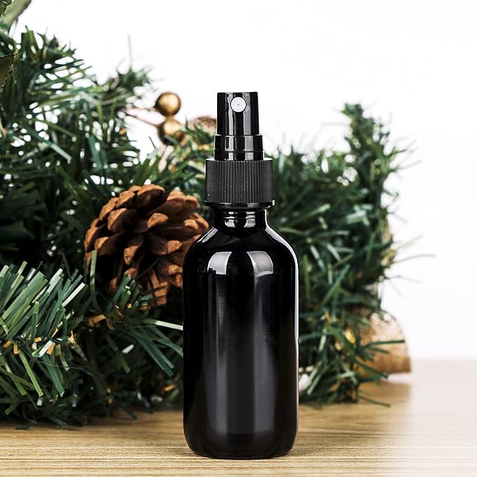 2oz Glass Spray Bottle, Fine Mist Boston Glass Bottles with Black Fine Mist Sprayer Small Clear Bottles for Essential Oils, Bath, Beauty, Hair & Cleaning, UV Black, Pack of 24