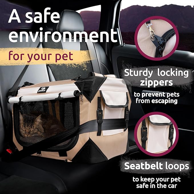 Soft-Sided Cat & Dog Pet Carrier, Large 24"x16"x16", Fits Large Cat, 2 Cats, or Medium Dog Comfortably, Great for Travel & Vet Visits, Privacy Windows, Removable Bed, Locking Zippers, Folds Flat