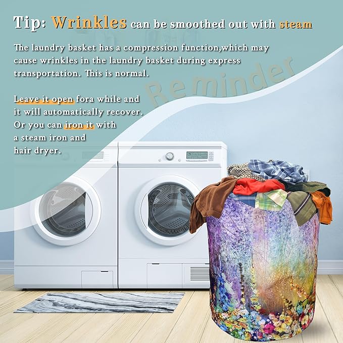 Watercolor Purple Flowers Laundry Basket Foldable With Handles Colorful Tote Bag Oxford Cloth Laundry Hamper Clothes Storage Bucket Toy Organizer 18.9" x 16.5" For Bathroom/Laundry/Bedroom