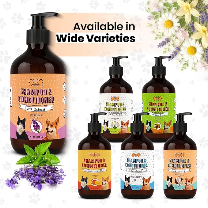 POM Pets 2-in-1 Organic Dog Shampoo & Conditioner – Itchy Skin Relief, Dog Deshedding, Detangles Fur, Cat Shampoo, Paw Cleaner for Dogs, Natural Coat Defense Formula