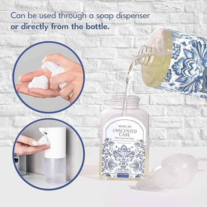 ROMIIE ZOI Foaming Hand Soap Refill Gift Set – Unscented – 3 Pack (1000ML Each) with Dispenser – Pure & Neutral, Gentle & Frangrance Free Formula – Bulk Refill Bottles for Bathroom & Kitchen Use