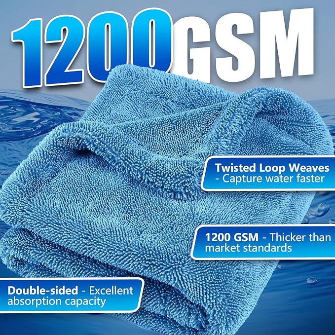 Airlab Car Drying Towel Microfiber Towels for Cars 1200 GSM Wash Auto Detailing Supplies Twist Pile Cleaning Cloth Absorbent Quick Dry Soft Loop Dry Flash Towel, 24 x 16 Inch,Pack of 1, Blue