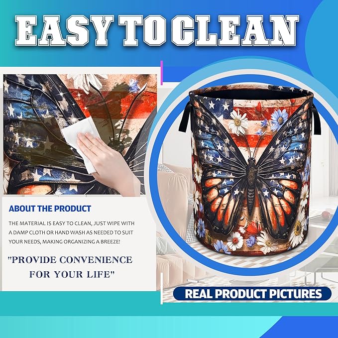 American Flag Butterfly Laundry Basket Daisy Flowers Oxford Cloth Laundry Hamper With Handle Foldable Portable Clothes Storage Basket 18.9 X 16.5 Inch Storage Bag For Laundry Room/Bathroom/Bedroom