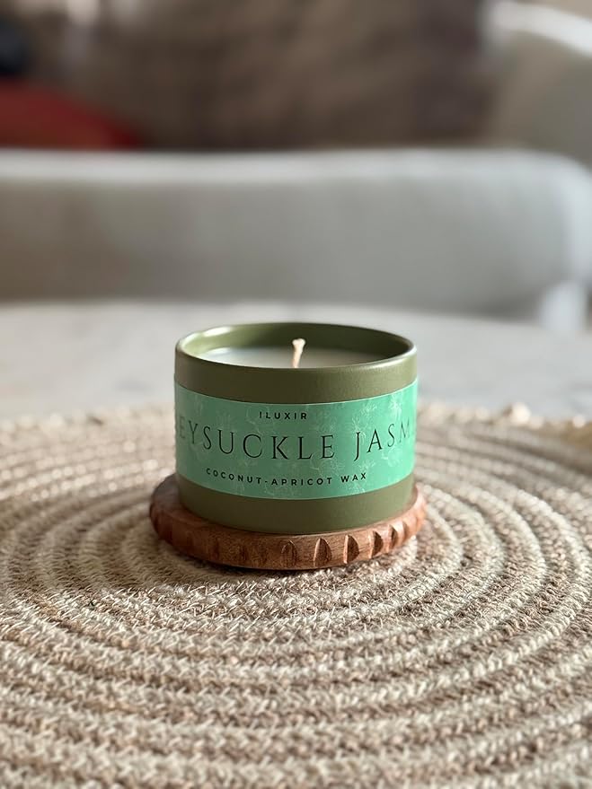 Honeysuckle Jasmine Scented Candle – Long Burning Fresh Floral Spring Fragrance with Lemon, Violet & Wood – Hand-Poured Coconut-Apricot Wax, Non-Toxic, Cruelty-Free – 13 oz with Bamboo Lid