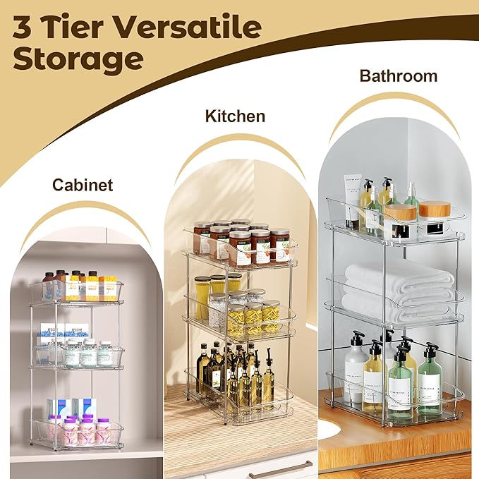 3 Tier Under Sink Organizer and Storage - Multi-Purpose Stackable Pantry Organizer with Pull-Out Clear Bins and Movable Dividers for Kitchen and Bathroom Cabinet