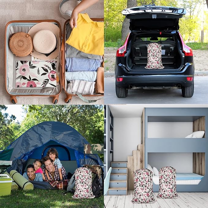 Swono Watercolor Sketch Poppy Large Laundry Bag Washable Large Dirty Clothes, Leaf Repeating Pattern Drawstring Organizer Bag, Fit Hamper Basket Camp Travel Home Dorm, Pink Black