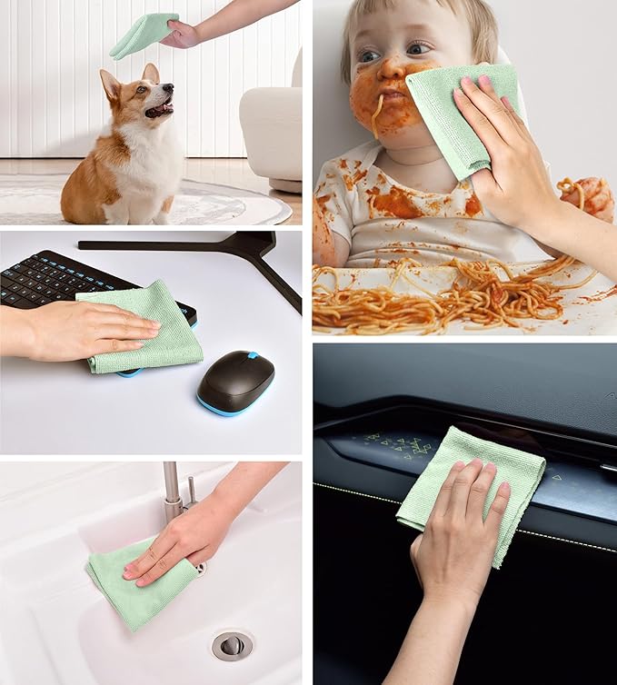 KitchLife Microfiber Cleaning Cloth Roll, 100 Pack - Tear-Away Microfiber Paper Towels, Lint-Free, Reusable, Washable for Kitchen, Car, Dishes, and Sensitive Surfaces (Bean Green)