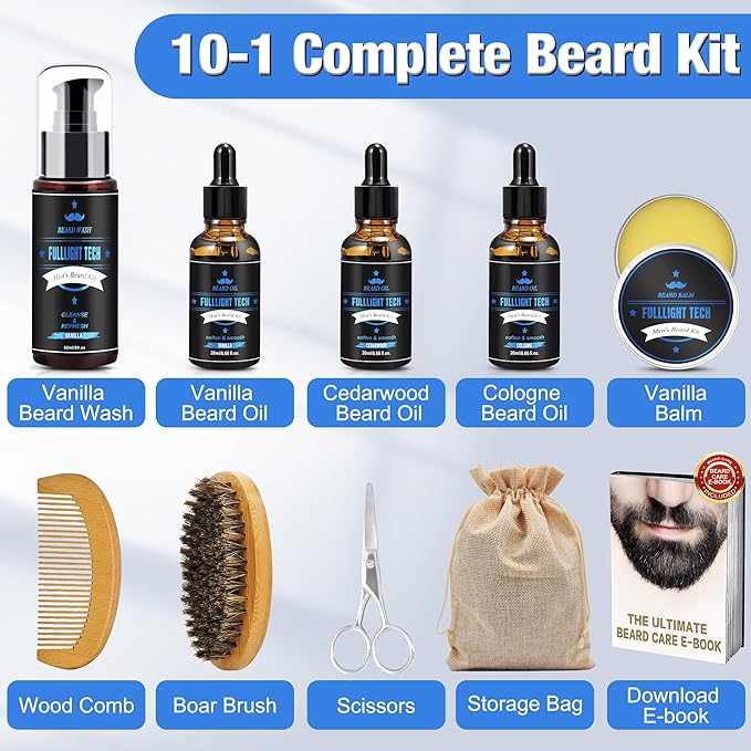 Husband Birthday Gifts,Beard Kit Includes 3 Scented Beard Oil,Vanilla Beard Shampoo & Balm, Brush, Comb,Scissors,Beard Care & Grooming Men Christmas Stocking Stuffers Gifts for Men Him Dad Boyfriend