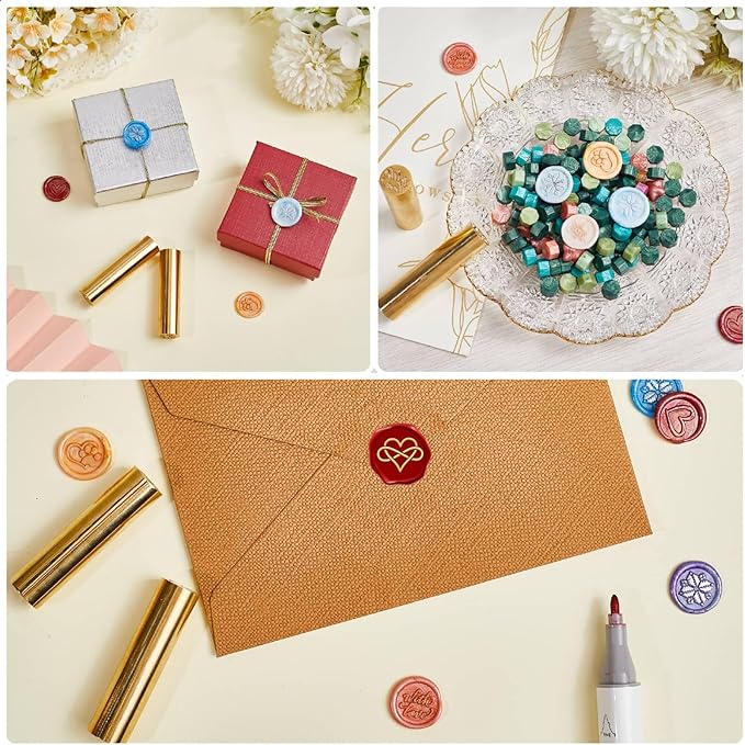 CRASPIRE 2 Side Pattern 15mm Mini Wax Seal Stamp Heart Rings Mobius Ring Love Brass Gold Column Sealing Wax Vintage Retro for Wedding Valentines Day Wedding Party Christmas Envelope Greeting Card
