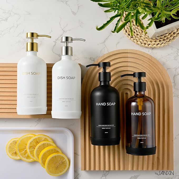 Kitchen Soap Dispenser Set with Non-Slip Protective Silicone Pad,Hand Soap Dispenser for Kitchen and Bathroom Decor, Black Kitchen Accessories (Black Bottles +Black Pumps)