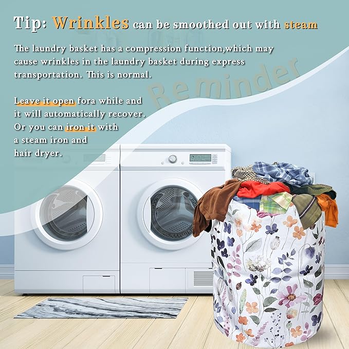 Watercolor Floral Laundry Basket Foldable With Handles Tote Bag Oxford Cloth Cute Flowers Laundry Hamper Clothes Storage Bucket Toy Organizer 18.9" x 16.5" For Bathroom/Laundry/Bedroom