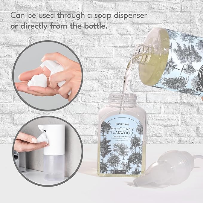 ROMIIE ZOI Foaming Hand Soap Refill Gift Set – Teakwood Scent – 3 Pack (1000ML Each) with Dispenser – Gentle & Moisturizing Plant-Based Formula – Bulk Refill Bottles for Bathroom & Kitchen Use