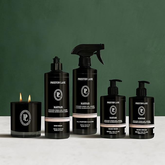 Preston Lane Signature Home Set – All Purpose Cleaner, Dish Soap, Hand Wash, Hand Cream & Scented Candle | Plant-Powered Cleaning & Care Essentials with Fine Italian Fragrance, Mayfair