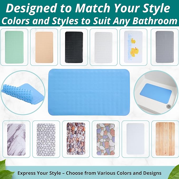 ENKOSI Non Slip Shower Mat – Bath Mat for Tub and Shower Floors – Anti Slip Bathtub Mat with Strong Suction Cup Grip – Soft, Blue Bathroom Mat for Inside Bath and Shower Floors (28x16 Aqua Blue)