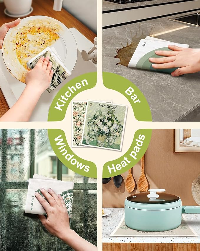 6 Pack Swedish Dishcloths for Kitchen - Reusable Dish Cloths for Washing Dishes Absorbent Cute Funny Kitchen Towels Cleaning Sponge, Green Artist