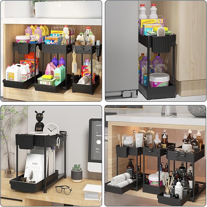 3 Pack Under Sink Organizers, 2-Tier Multi-Use Kitchen and Bathroom Organizers and Storage with Sliding Drawers,Bathroom Cabinet Organizer (Black, 14.8 Inch)
