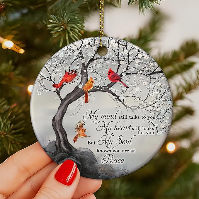 HYTURTLE My Mind Still Talks to You Cardinal Circle Ceramic Ornament - Memorial Christmas Ornament Gifts for Loss of Loved One in Heaven - Memorial Hanging Home Decorations Ornaments - 3' Inch