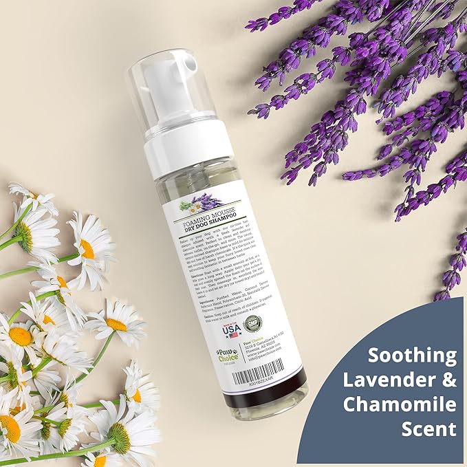 Paw Choice Dog Dry Shampoo - Hypoallergenic Waterless No Rinse Foam - Natural Coconut-Derived Cleanser - Quickly Deodorizes, Cleans & Conditions Between Baths - Made in USA - Lavender Chamomile