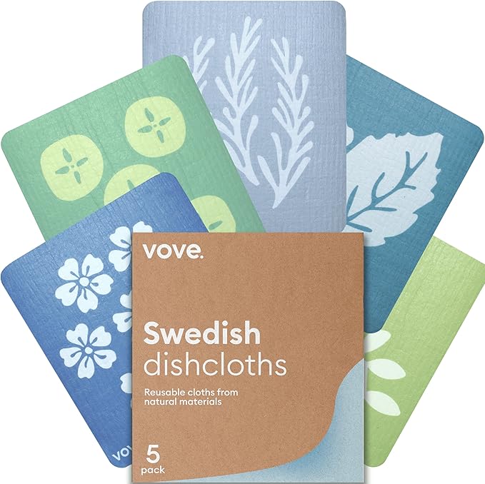 Vove Swedish Dishcloths 5-Pack, Botanical Garden - FSC Certified Cellulose & Cotton, Oeko-TEX Standard 100, Reusable Washable Kitchen Cleaning Cloths, Eco Friendly Floral Design