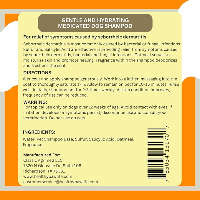 Healthy Paw Life Antiparasitic & Antiseborrheic Dog Shampoo - Sulfur, Salicylic Acid and Oatmeal - Dry, Itchy, Hot Spot, Dermatitis (1 Gal)