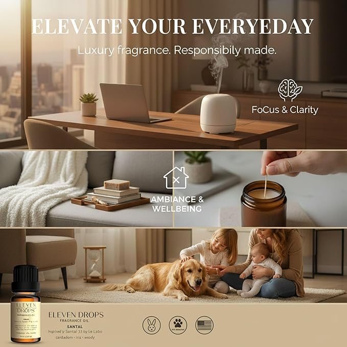 Santal Aroma Fragrance Oil – Essential Oil Blend for Diffusers, Candles & Soap Making, Mixing, Long Lasting Scent, Pet Friendly, Made in USA, Amber Glass Bottle, IFRA Compliant – 10 ml