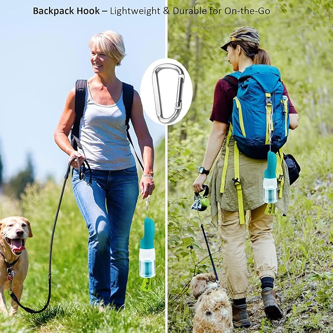20oz Dog Water Bottle with Food Container & Poop Bag Dispenser | Leak-Proof Portable Pet Water Dispenser with Carabiner Clip | for Walking, Hiking, Travel (Cyan, 20oz)