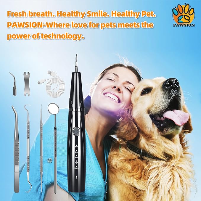 Ultrasonic Dog Plaque and Tartar Remover, Teeth Cleaning Kit for Pets, Rechargeable Dental Scraper for Pets, 5 Modes with 3 Cleaning Heads and LED Light