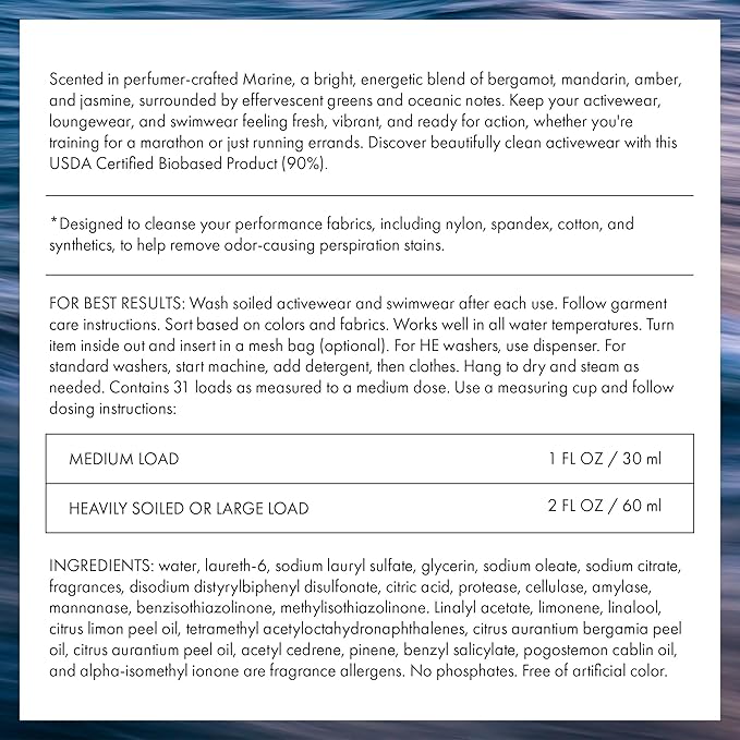 The Laundress Activewear Laundry Detergent, 32 Oz, Marine Fragrance, 4-in-1 Enzyme Blend for Workout Performance Fabrics, Fights Sweat Odors & Stains, USDA Certified Biobased Product (90%)